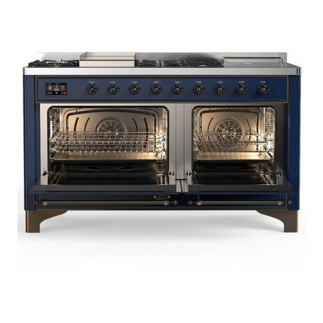 ILVE UM60FSQNR3MBBLP Majestic III 60 inch Dual Fuel Range with 7 Burners, Griddle and French Top, Dual Function Burner with up to 25,000 BTU (Liquid Propane, Solid Door, Midnight Blue, Burnished)