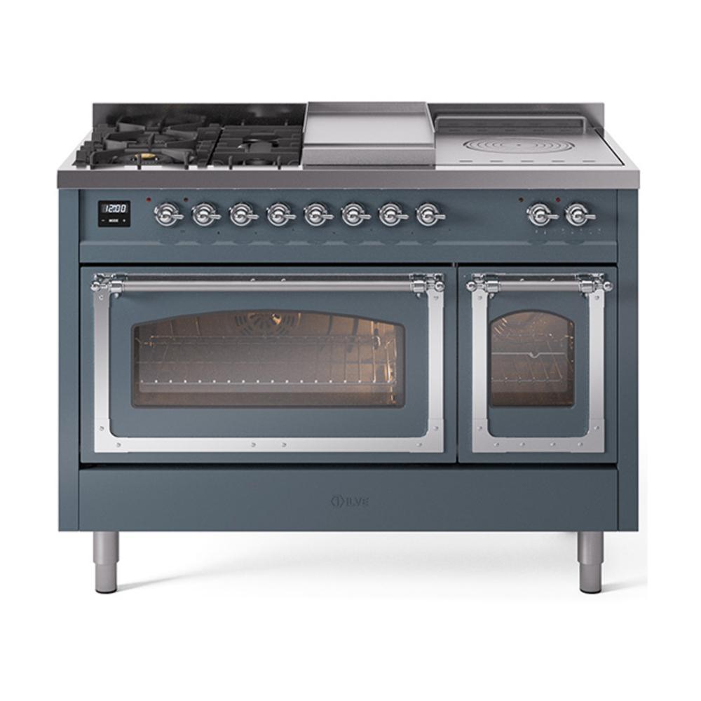 ILVE UN48FSNMPBGCLP Nostalgie II Noblesse 48 inch Dual Fuel Range (5 Sealed Burners + Griddle + French Top, Liquid Propane, Triple Glass Door, Blue Grey, Chrome)