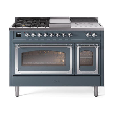 ILVE UN48FSNMPBGCLP Nostalgie II Noblesse 48 inch Dual Fuel Range (5 Sealed Burners + Griddle + French Top, Liquid Propane, Triple Glass Door, Blue Grey, Chrome)