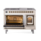 ILVE UN48FNMPAWB Nostalgie II Noblesse 48 inch Dual Fuel Range (8 Sealed Burners + Griddle, Natural Gas, Triple Glass Door, Antique White, Burnished)