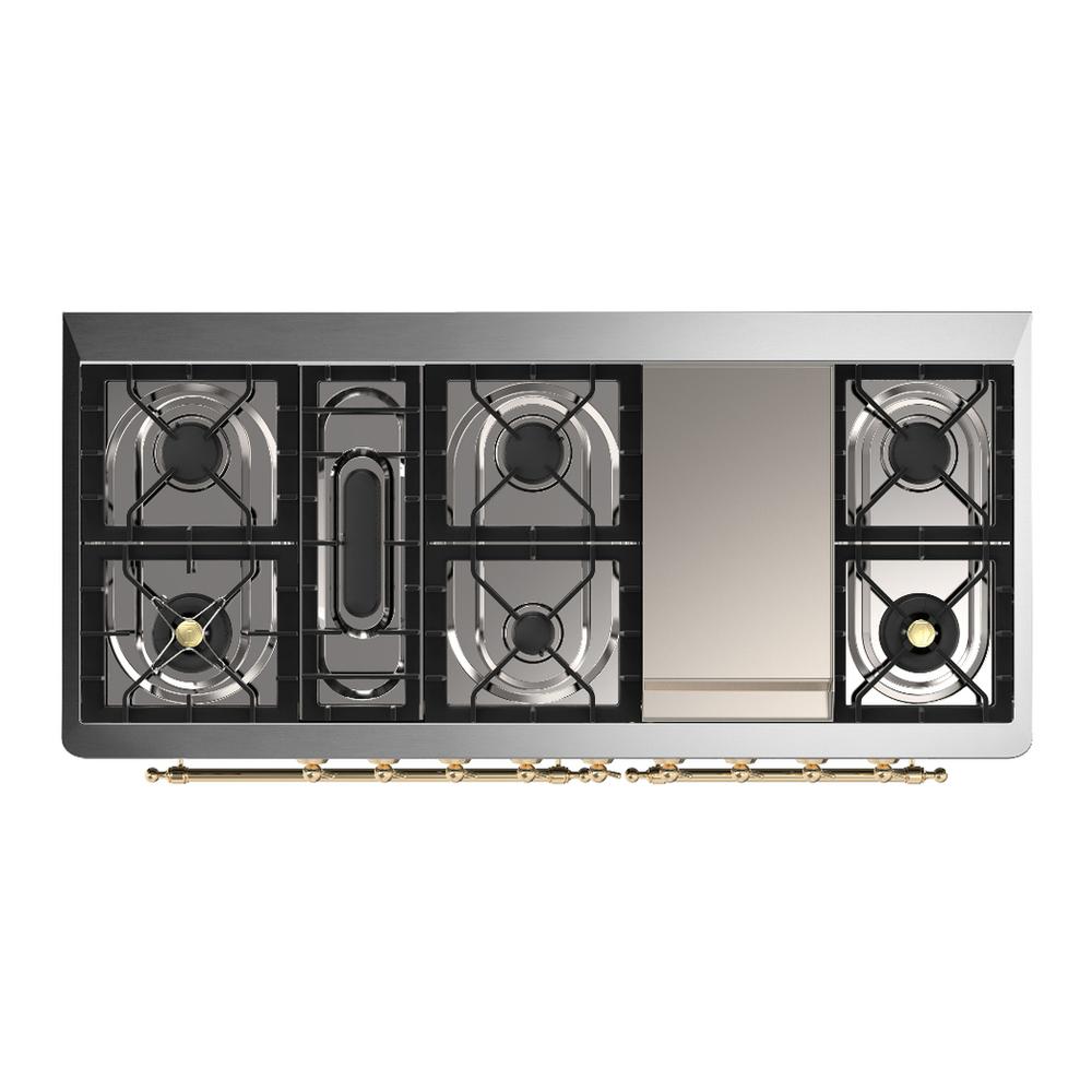 ILVE UM60FNR3EGGLP Majestic III 60 inch Dual Fuel Range with 9 Burners and Griddle, Dual Function Burner up to 25,000 BTU (Liquid Propane, Triple Glass Door, Emerald Green, Brass)