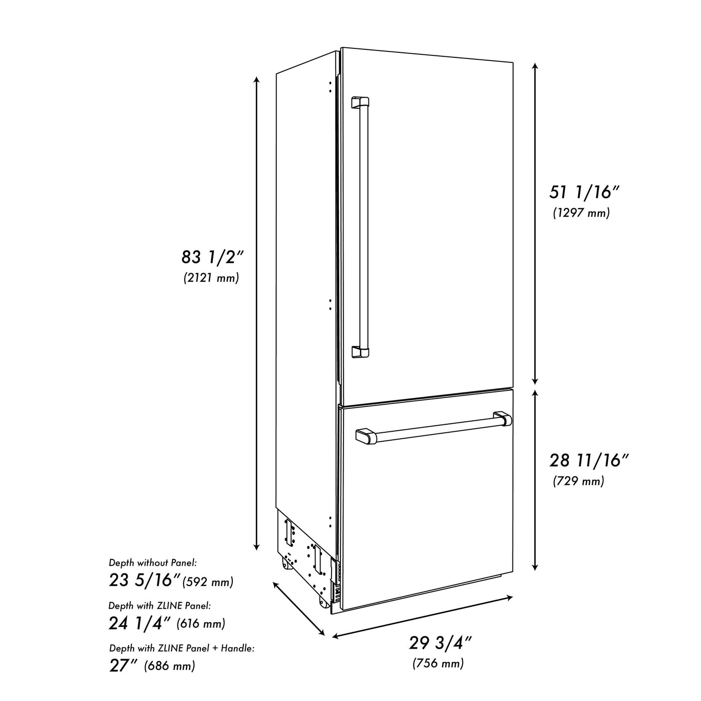 ZLINE 30" Autograph Edition 16.1 cu. ft. Built-in 2-Door Bottom Freezer Refrigerator with Internal Water and Ice Dispenser in White Matte with Polished Gold Accents (RBIVZ-WM-30-G)