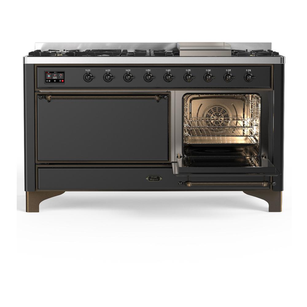 ILVE UM60FQNR3MGB Majestic III 60 inch Dual Fuel Range with 9 Burners and Griddle, Dual Function Burner up to 25,000 BTU (Natural Gas, Solid Door, Graphite Matte, Burnished)