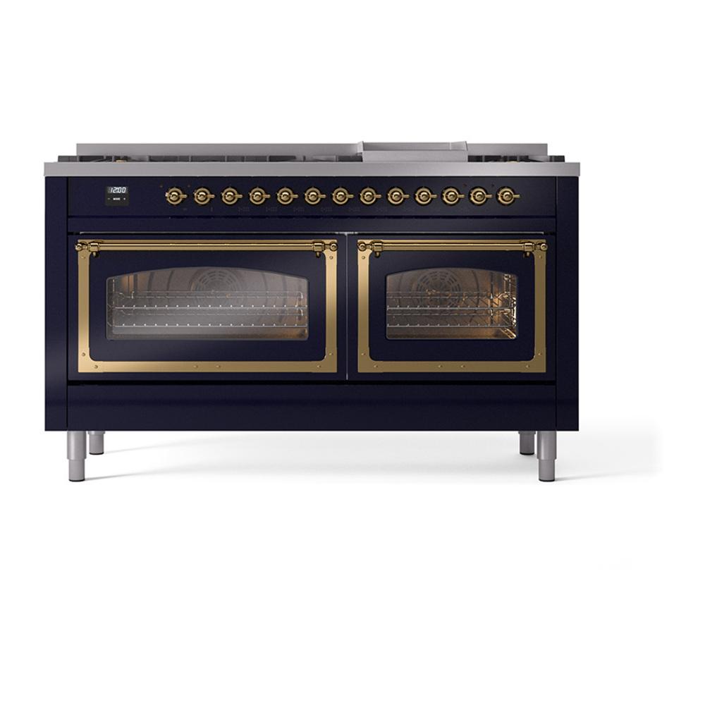 ILVE UN60FNMPMBG Nostalgie II Noblesse 60 inch Dual Fuel Range (9 Sealed Burners + Griddle, Natural Gas, Triple Glass Door, Midnight Blue, Brass)