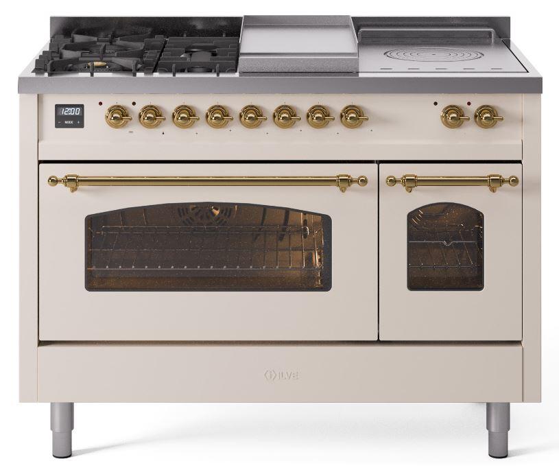 Nostalgie II 48 Inch Dual Fuel Natural Gas Freestanding Range in Antique White with Brass Trim