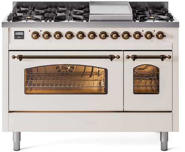Nostalgie II 48 Inch Dual Fuel Natural Gas Freestanding Range in Antique White with Bronze Trim