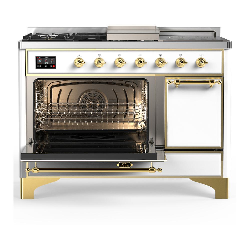 ILVE UM48FSQNR3WHGLP Majestic III 48 inch Dual Fuel Range with 5 Black Brass Burners, Griddle and French Top, Dual Function Burner up to 25,000 BTU (Liquid Propane, Solid Door, White, Brass)