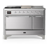 ILVE UM48FSQNR3SSCLP Majestic III 48 inch Dual Fuel Range with 5 Black Brass Burners, Griddle and French Top, Dual Function Burner up to 25,000 BTU (Liquid Propane, Solid Door, Stainless Steel, Chrome)