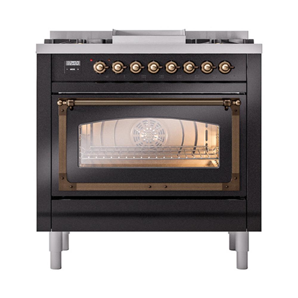 ILVE UN36FNMPBKBLP Nostalgie II Noblesse 36 inch Dual Fuel Range (Liquid Propane, Triple Glass Door, Glossy Black, Burnished)