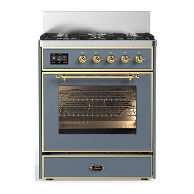 ILVE UM30NR3BGG Majestic III 30 inch Dual Fuel Range with 5 Black Brass Burners, Dual Function Burner up to 25,000 BTU (Natural Gas, Triple Glass Door, Blue Grey, Brass)
