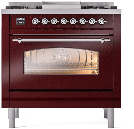Nostalgie II 36 Inch Dual Fuel Liquid Propane Freestanding Range in Burgundy with Chrome Trim