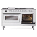 ILVE UN60FSNMPWHC Nostalgie II Noblesse 60 inch Dual Fuel Range (7 Sealed Burners + Griddle + French Top, Natural Gas, Triple Glass Door, White, Chrome)