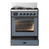 ILVE UM30NR3BGBLP Majestic III 30 inch Dual Fuel Range with 5 Black Brass Burners, Dual Function Burner up to 25,000 BTU (Liquid Propane, Triple Glass Door, Blue Grey, Burnished)