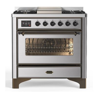 ILVE UM36FNR3SSB Majestic III 36 inch Dual Fuel Range with 6 Black Brass Burners and Griddle, Dual Function Burner up to 25,000 BTU (Triple Glass Door, Stainless Steel, Burnished, Natural Gas)