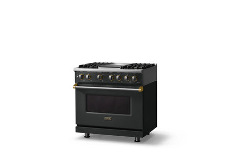 36"W. Dual Fuel Range (Burner: 4g, Finish: Antique Bronze, Trim: Polished Chrome, Fuel: Propane)