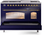 Nostalgie II 48 Inch Dual Fuel Liquid Propane Freestanding Range in Blue with Brass Trim