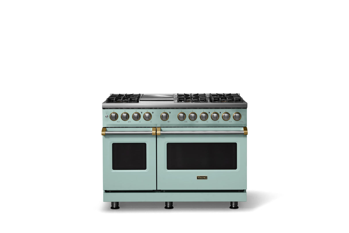 48"W. Dual Fuel Range (Burner: 6g, Finish: Splash, Trim: Brushed Brass, Fuel: Natural Gas)