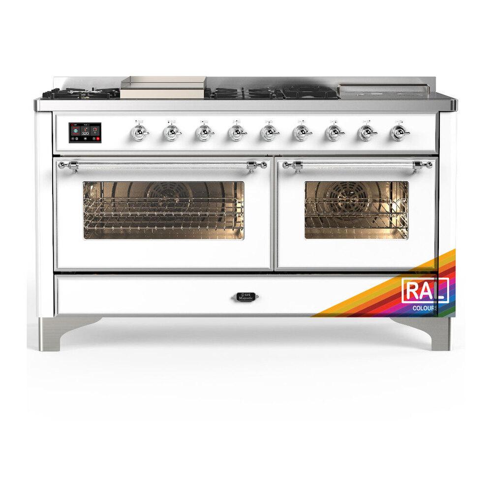 ILVE UM60FSNR3RAC Majestic III 60 inch Dual Fuel Range with 7 Burners, Griddle and French Top, Dual Function Burner with up to 25,000 BTU (Natural Gas, Triple Glass Door, RAL, Chrome)
