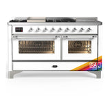 ILVE UM60FSNR3RAC Majestic III 60 inch Dual Fuel Range with 7 Burners, Griddle and French Top, Dual Function Burner with up to 25,000 BTU (Natural Gas, Triple Glass Door, RAL, Chrome)