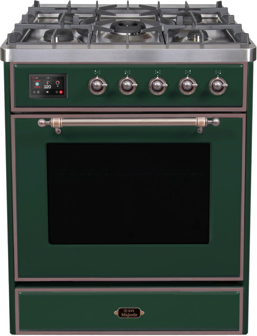 Majestic II 30 Inch Dual Fuel Liquid Propane Freestanding Range in Emerald Green with Bronze Trim