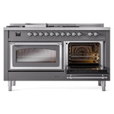 ILVE UN60FSNMPMGCLP Nostalgie II Noblesse 60 inch Dual Fuel Range (7 Sealed Burners + Griddle + French Top, Liquid Propane, Triple Glass Door, Graphite Matte, Chrome)