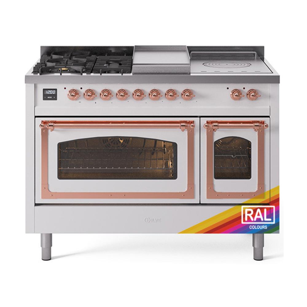 ILVE UN48FSNMPRAP Nostalgie II Noblesse 48 inch Dual Fuel Range (5 Sealed Burners + Griddle + French Top, Natural Gas, Triple Glass Door, RAL, Copper)