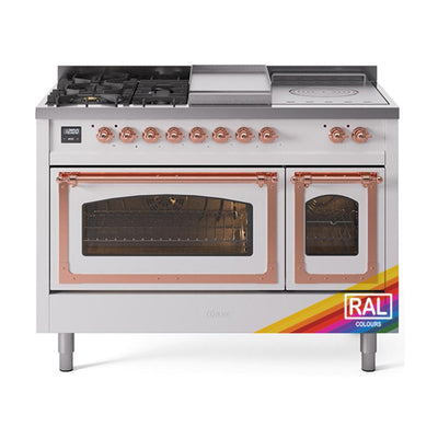 ILVE UN48FSNMPRAP Nostalgie II Noblesse 48 inch Dual Fuel Range (5 Sealed Burners + Griddle + French Top, Natural Gas, Triple Glass Door, RAL, Copper)