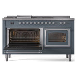 ILVE UN60FSNMPBGC Nostalgie II Noblesse 60 inch Dual Fuel Range (7 Sealed Burners + Griddle + French Top, Natural Gas, Triple Glass Door, Blue Grey, Chrome)