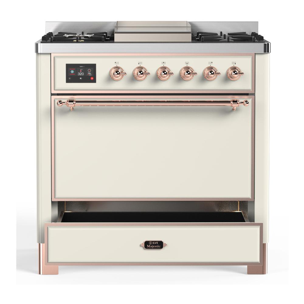 ILVE UM36FQNR3AWP Majestic III 36 inch Dual Fuel Range with 6 Black Brass Burners and Griddle, Dual Function Burner up to 25,000 BTU (Solid Door, Antique White, Copper, Natural Gas)