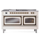 ILVE UN60FSNMPAWB Nostalgie II Noblesse 60 inch Dual Fuel Range (7 Sealed Burners + Griddle + French Top, Natural Gas, Triple Glass Door, Antique White, Burnished)