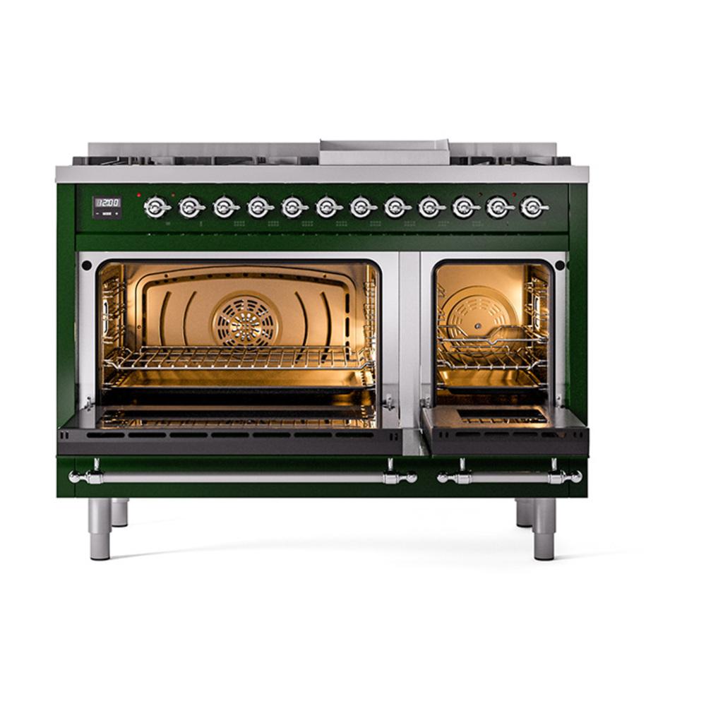 ILVE UN48FQNMPEGC Nostalgie II Noblesse 48 inch Dual Fuel Range (8 Sealed Burners + Griddle, Natural Gas, Solid Door, Emerald Green, Chrome)