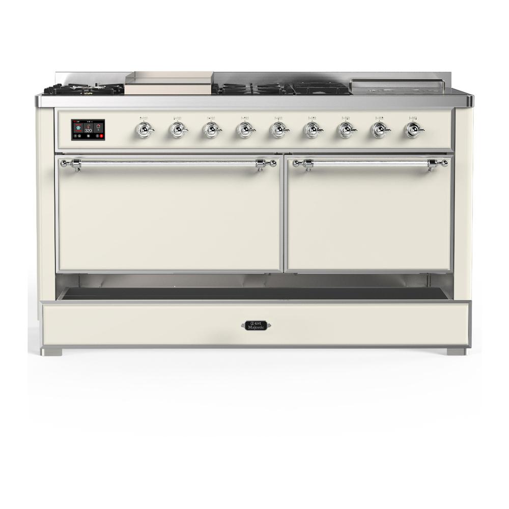 ILVE UM60FSQNR3AWCLP Majestic III 60 inch Dual Fuel Range with 7 Burners, Griddle and French Top, Dual Function Burner with up to 25,000 BTU (Liquid Propane, Solid Door, Antique White, Chrome)