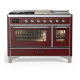 ILVE UM48FSNR3BUC Majestic III 48 inch Dual Fuel Range with 5 Black Brass Burners, Griddle and French Top, Dual Function Burner up to 25,000 BTU (Natural Gas, Triple Glass Door, Burgundy, Chrome)