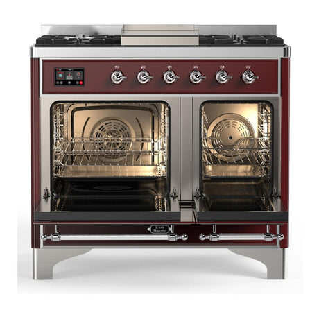 ILVE UMD40FQNR3BUCLP Majestic III 40 inch Dual Fuel Range with 6 Burners and Griddle, Dual Function Burner up to 25,000 BTU (Liquid Propane, Solid Door, Burgundy, Chrome)