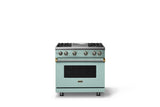 36"W. Sealed Burner Gas Range (Burner: 4g, Finish: Splash, Trim: Brushed Brass, Fuel: Natural Gas)