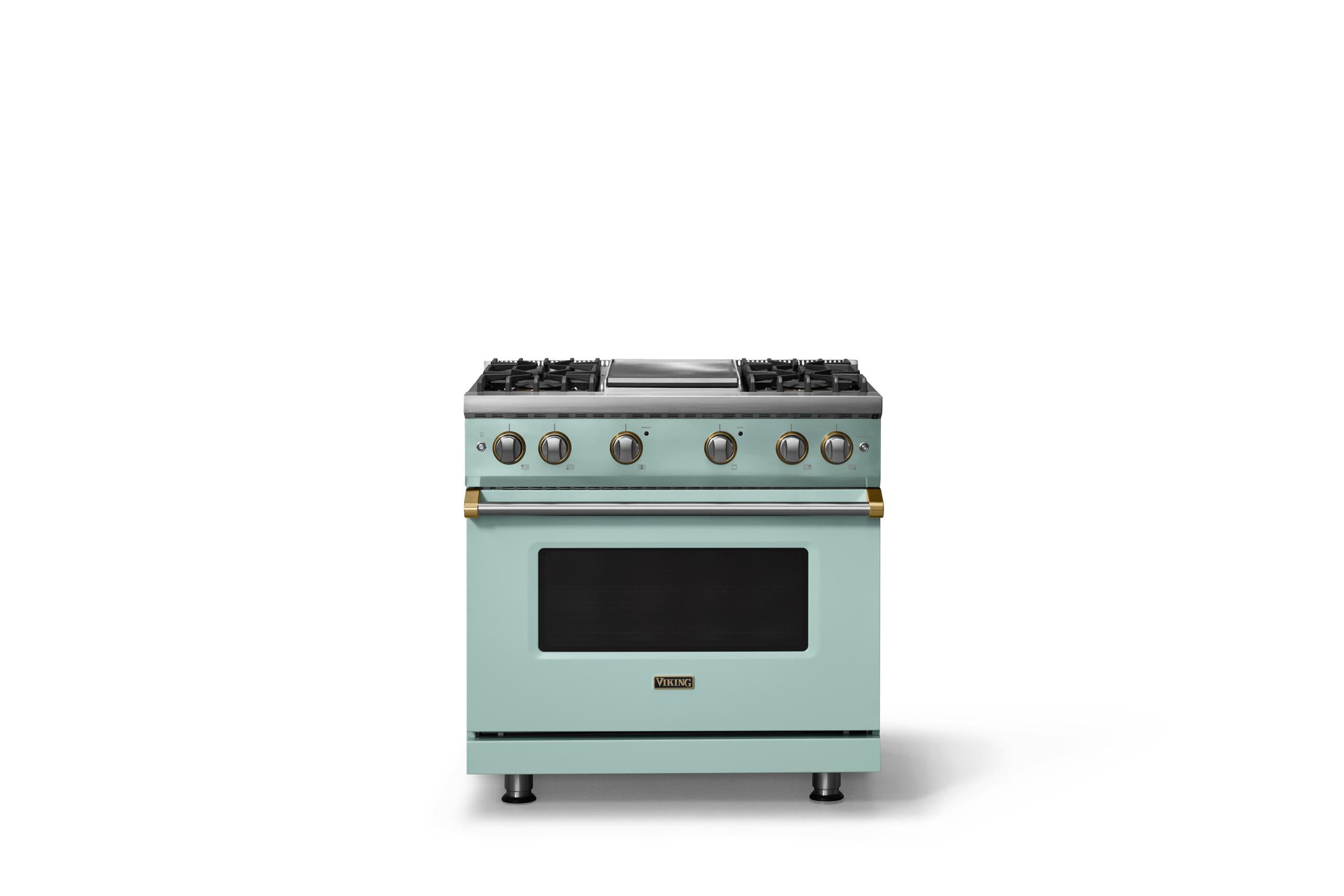36"W. Sealed Burner Gas Range (Burner: 4g, Finish: Splash, Trim: Brushed Brass, Fuel: Natural Gas)