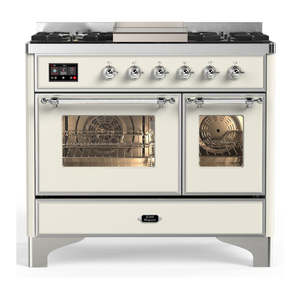ILVE UMD40FNR3AWC Majestic III 40 inch Dual Fuel Range with 6 Burners and Griddle, Dual Function Burner up to 25,000 BTU (Natural Gas, Triple Glass Door, Antique White, Chrome)