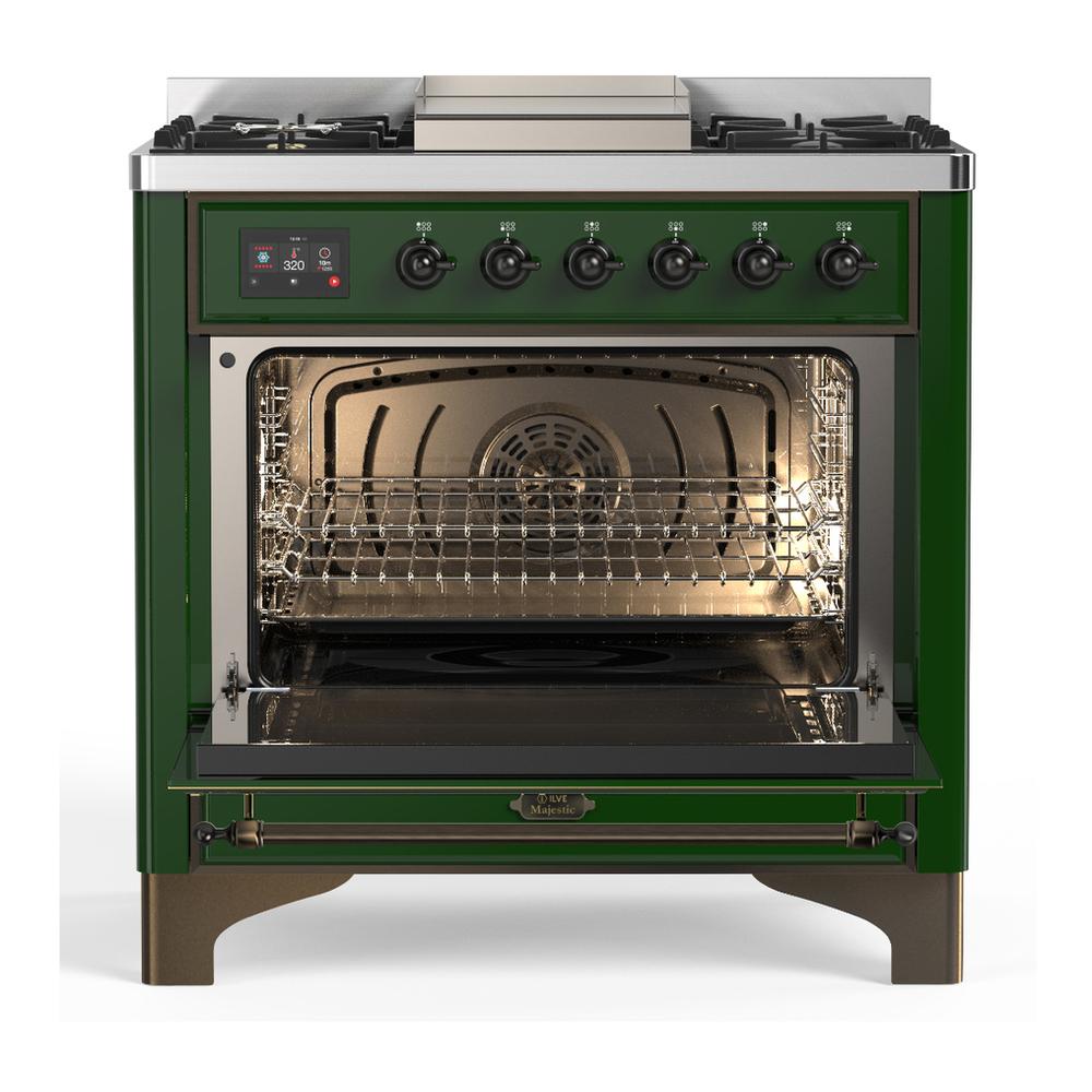 ILVE UM36FQNR3EGBLP Majestic III 36 inch Dual Fuel Range with 6 Black Brass Burners and Griddle, Dual Function Burner up to 25,000 BTU (Solid Door, Emerald Green, Burnished, Liquid Propane)