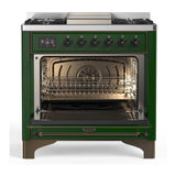 ILVE UM36FQNR3EGBLP Majestic III 36 inch Dual Fuel Range with 6 Black Brass Burners and Griddle, Dual Function Burner up to 25,000 BTU (Solid Door, Emerald Green, Burnished, Liquid Propane)