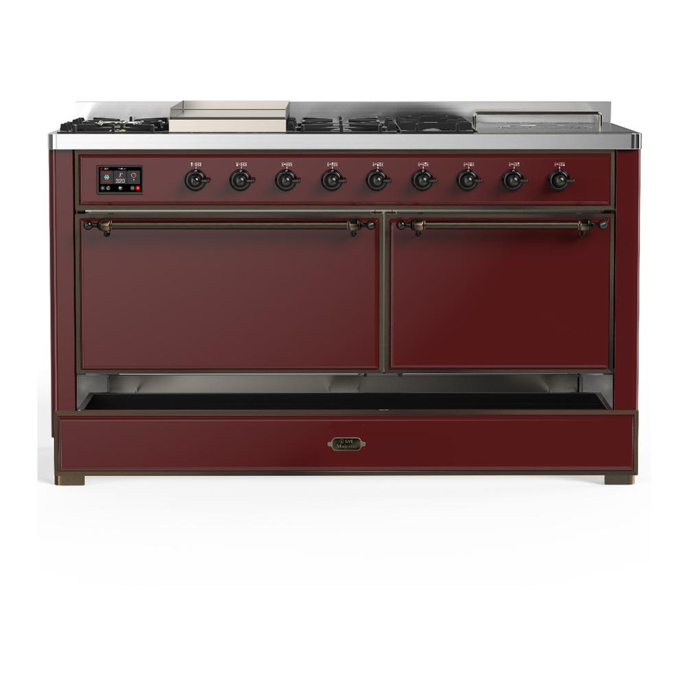 ILVE UM60FSQNR3BUBLP Majestic III 60 inch Dual Fuel Range with 7 Burners, Griddle and French Top, Dual Function Burner with up to 25,000 BTU (Liquid Propane, Solid Door, Burgundy, Burnished)