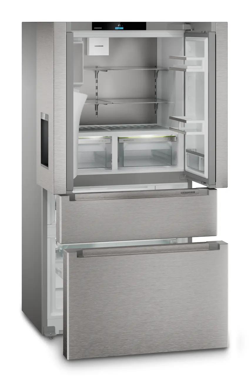 French door fridge-freezer with 2 freezer drawers and water and ice cube dispenser