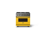 36"W. Open Burner Gas Range (Finish: Daffodil, Trim: Brushed Brass, Fuel: Natural Gas)