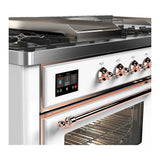 ILVE UM60FSNR3WHP Majestic III 60 inch Dual Fuel Range with 7 Burners, Griddle and French Top, Dual Function Burner with up to 25,000 BTU (Natural Gas, Triple Glass Door, White, Copper)