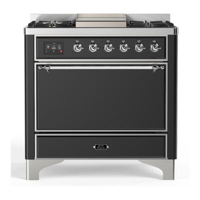 ILVE UM36FQNR3MGCLP Majestic III 36 inch Dual Fuel Range with 6 Black Brass Burners and Griddle, Dual Function Burner up to 25,000 BTU (Solid Door, Graphite Matte, Chrome, Liquid Propane)