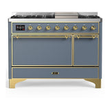 ILVE UM48FQNR3BGG Majestic III 48 inch Dual Fuel Range with 8 Burners and Griddle, Dual Function Burner up to 25,000 BTU (Natural Gas, Solid Door, Blue Grey, Brass)
