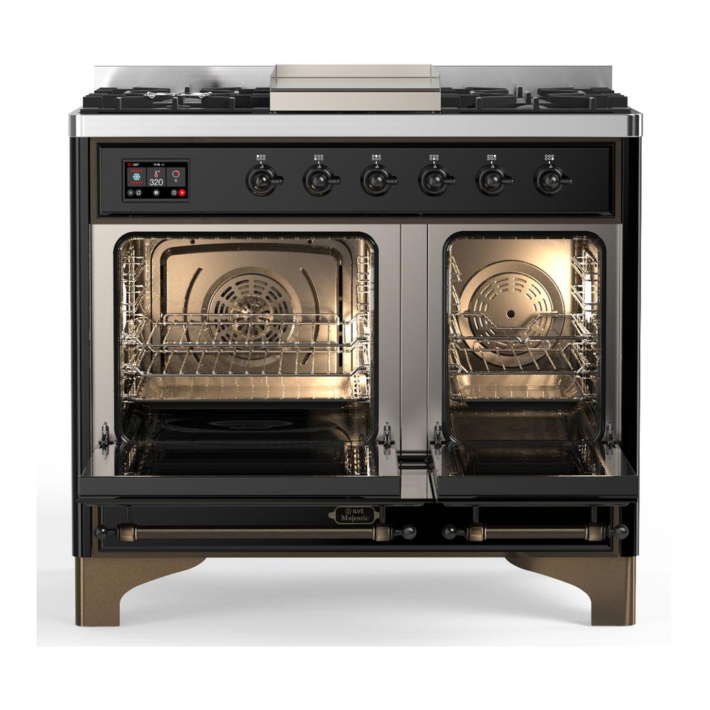 ILVE UMD40FNR3BKB Majestic III 40 inch Dual Fuel Range with 6 Burners and Griddle, Dual Function Burner up to 25,000 BTU (Natural Gas, Triple Glass Door, Glossy Black, Burnished)