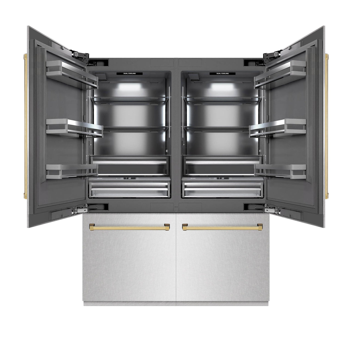 ZLINE Autograph Edition 60 in. 32.2 cu. ft. French Door Built-In Bottom Freezer Refrigerator with Water Dispenser and Ice Maker in DuraSnow' Stainless Steel with Graphite Gray Interior and Polished Gold Accents (GRBIVZ-SN-60-G)