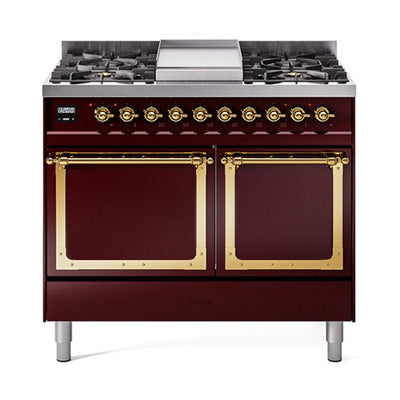 ILVE UND40FQNMPBUG Nostalgie II Noblesse 40 inch Dual Fuel Range (Natural Gas, Solid Door, Burgundy, Brass)