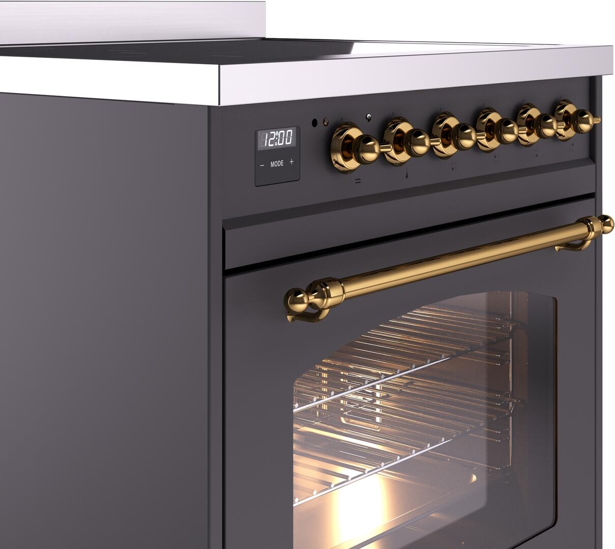 Nostalgie II 30 Inch Electric Freestanding Range in Matte Graphite with Brass Trim