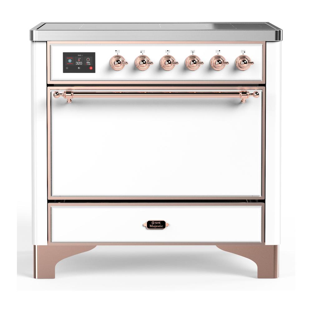 ILVE UMIB36QNR3WHP Majestic III 36 inch Induction Range with 6 Elements, 3.5 cu. ft. Total Oven Capacity (Solid Door, White, Copper)